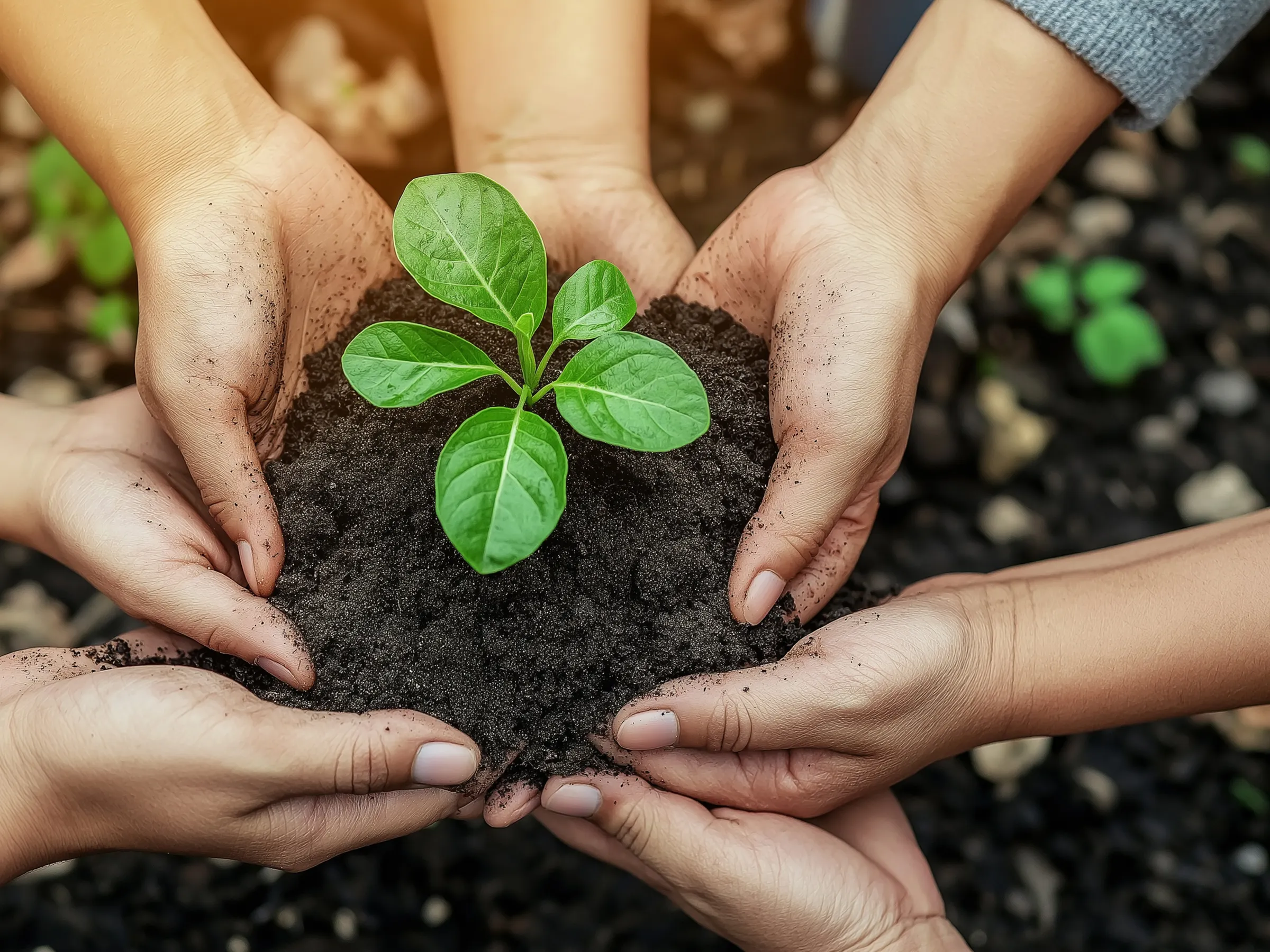 Multiple Hands Protecting Green Plant Seedling Teamwork Environmental Care Community Conservation Collaboration Nature Protection Together