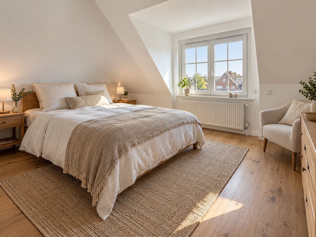 Schlafzimmer mit Gaube und Eichendielen (KI-Visualisierung)