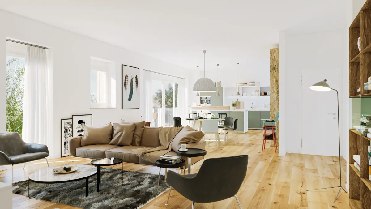 Modernes Wohnzimmer mit offener Küche in einer Immobilie in Dortmund