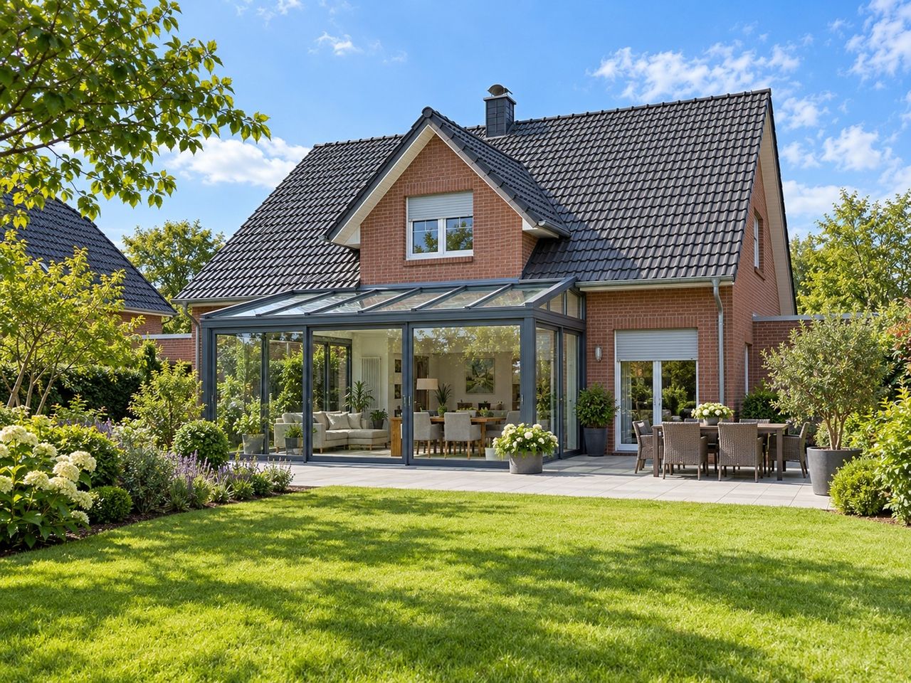 Gartenansicht mit Terrasse und Wintergarten (KI-Visualisierung)
