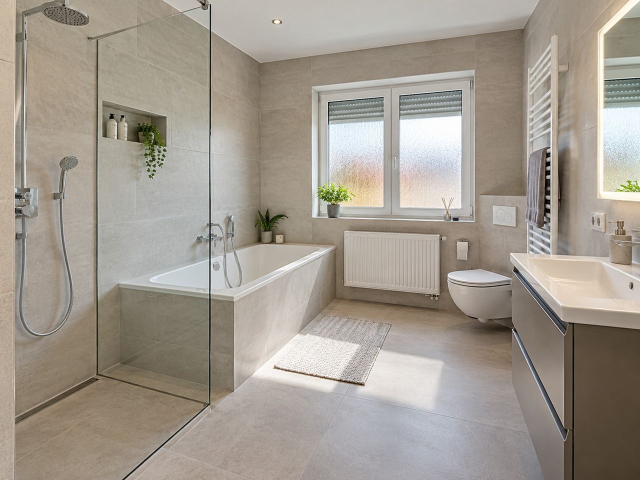 Familienbad mit Wanne und Dusche (KI-Visualisierung)