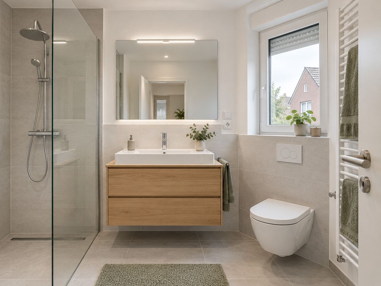 Badezimmer mit bodengleicher Dusche (KI-Visualisierung)