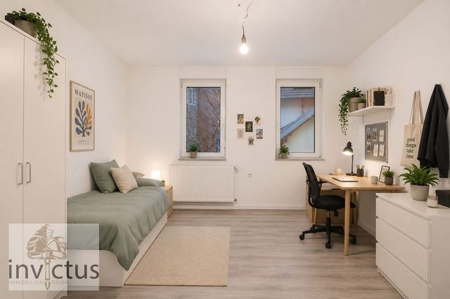 KI- Minimalist Schlafzimmer mit Arbeitsbereich und Pflanzen
