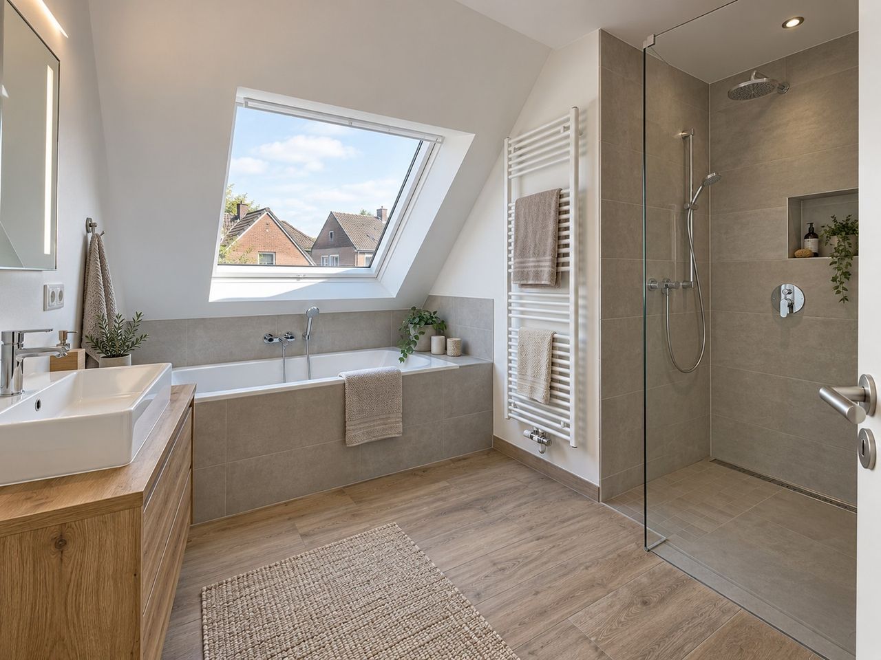 Tageslichtbad mit Wanne und Dusche (KI-Visualisierung)