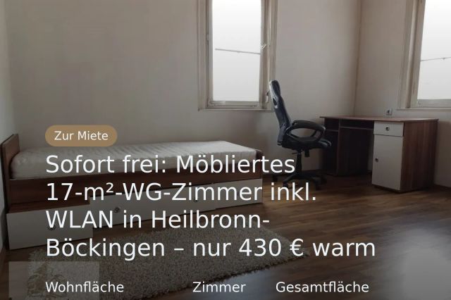 Neu im Angebot: Sofort frei: Möbliertes 17-m²-WG-Zimmer inkl. WLAN in Heilbronn-Böckingen – nur 430 € warm