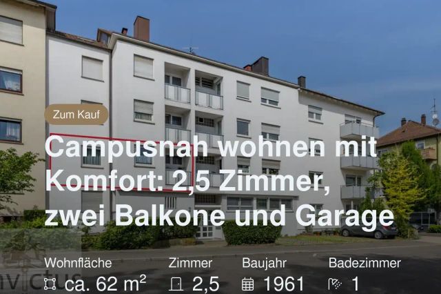 Neu im Angebot: Campusnah wohnen mit Komfort: 2,5 Zimmer, zwei Balkone und Garage