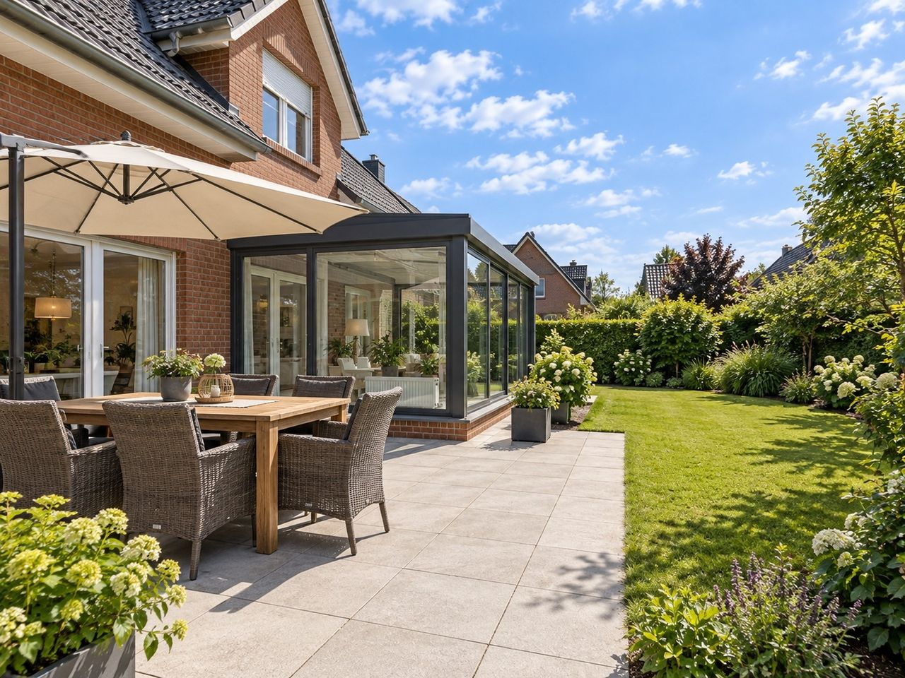 Terrasse am Wintergarten (KI-Visualisierung)