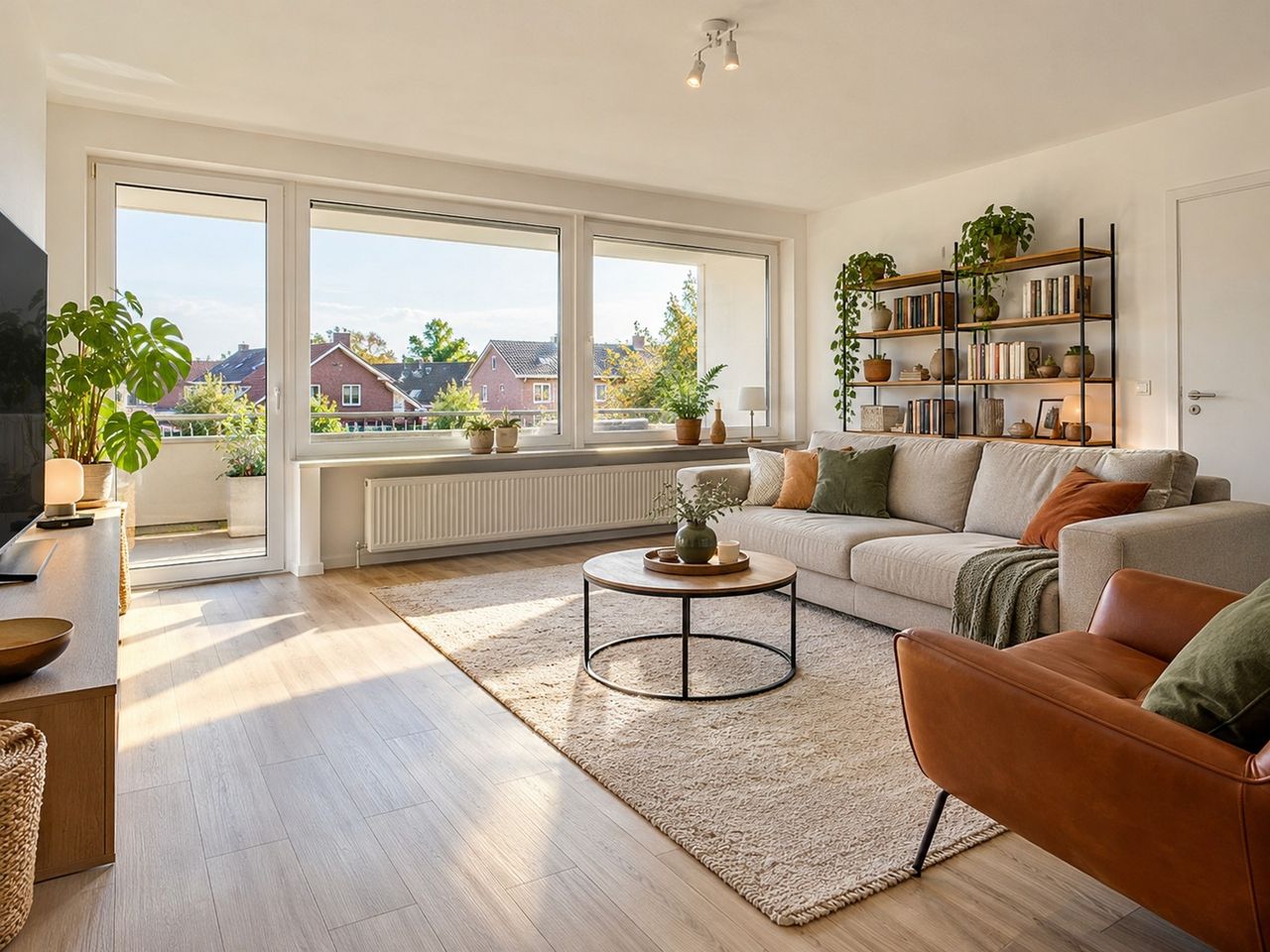 Wohnzimmer mit Balkontür nach Süden (KI-Visualisierung)