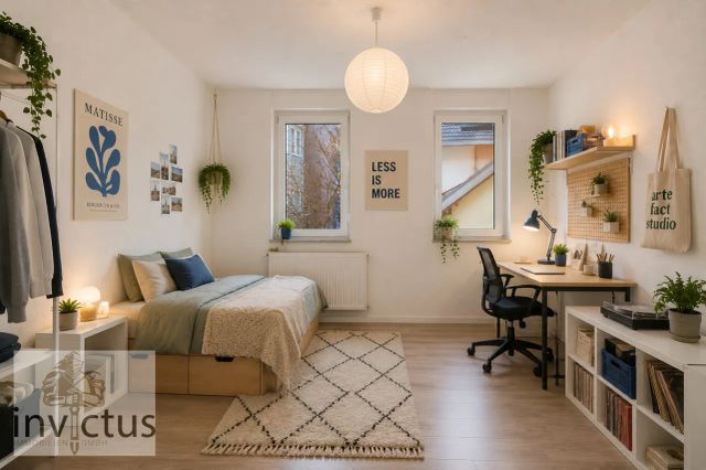 KI -Helles, modernes Schlafzimmer im skandinavischen Stil