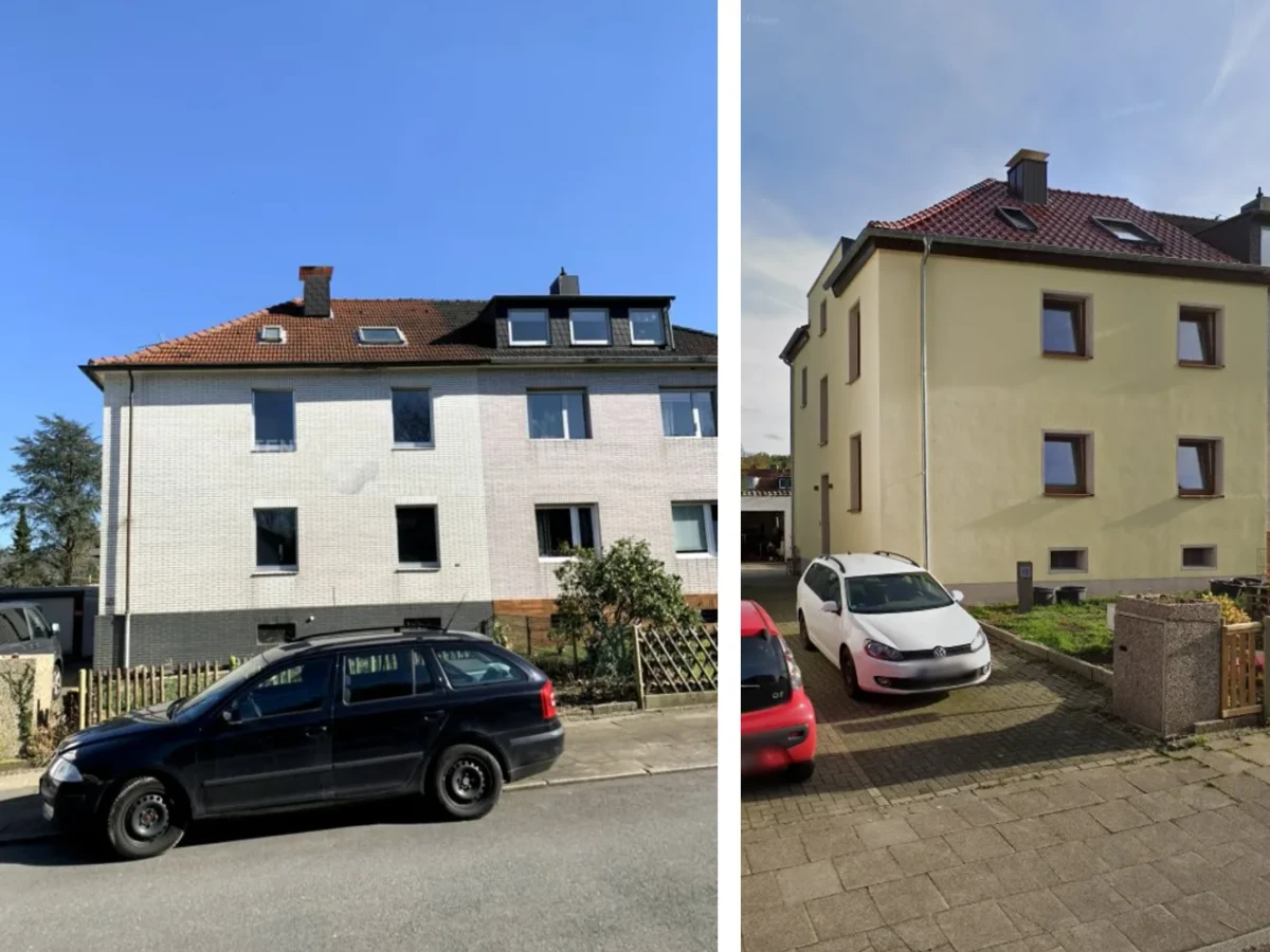 Mehrfamilienhaus vor und nach der energetischen Sanierung