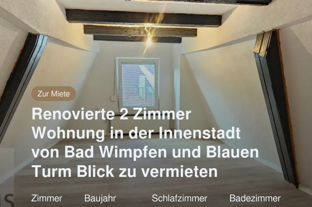 Nicht mehr verfügbar: Renovierte 2 Zimmer Wohnung in der Innenstadt von Bad Wimpfen  und Blauen Turm Blick zu vermieten
