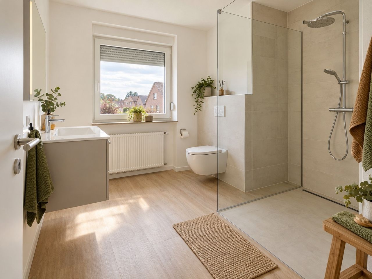 Modernisiertes Bad mit bodengleicher Dusche (KI-Visualisierung)