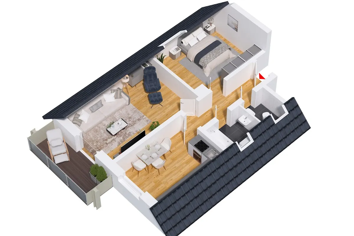 Top renovierte DG-Wohnung mit 2 Zimmern, Wohnküche und schönem Balkon
