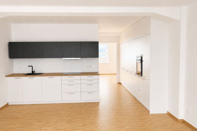 Wohnzimmer mit Küchenzeile und Einbauschrank (KI bearbeitet)