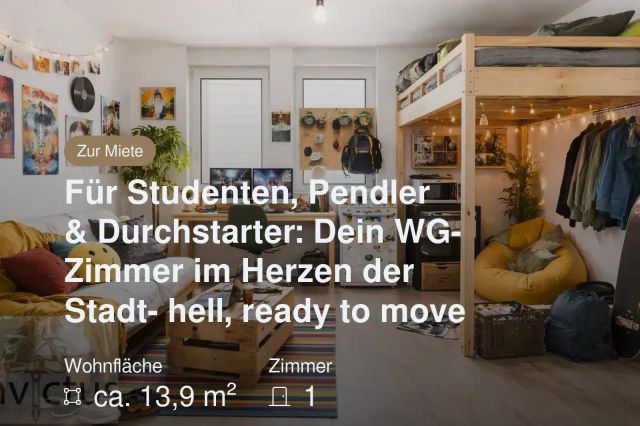 Neu im Angebot: Für Studenten, Pendler & Durchstarter: Dein WG-Zimmer im Herzen der Stadt- hell, ready to move