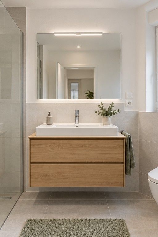 Badezimmer mit Waschtisch im Hochformat (KI-Visualisierung)