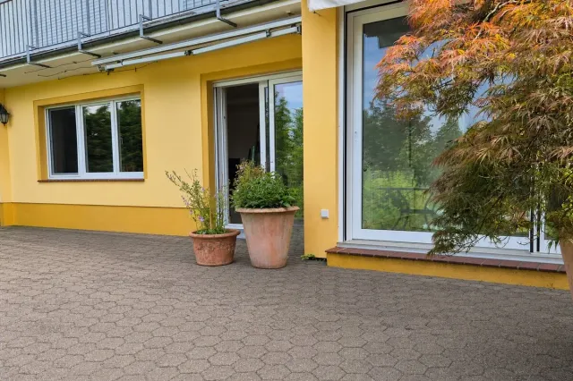 Die Terrasse hinter dem Haus