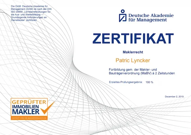 Zertifikat Maklerrecht – Weiterbildung Patric Lyncker