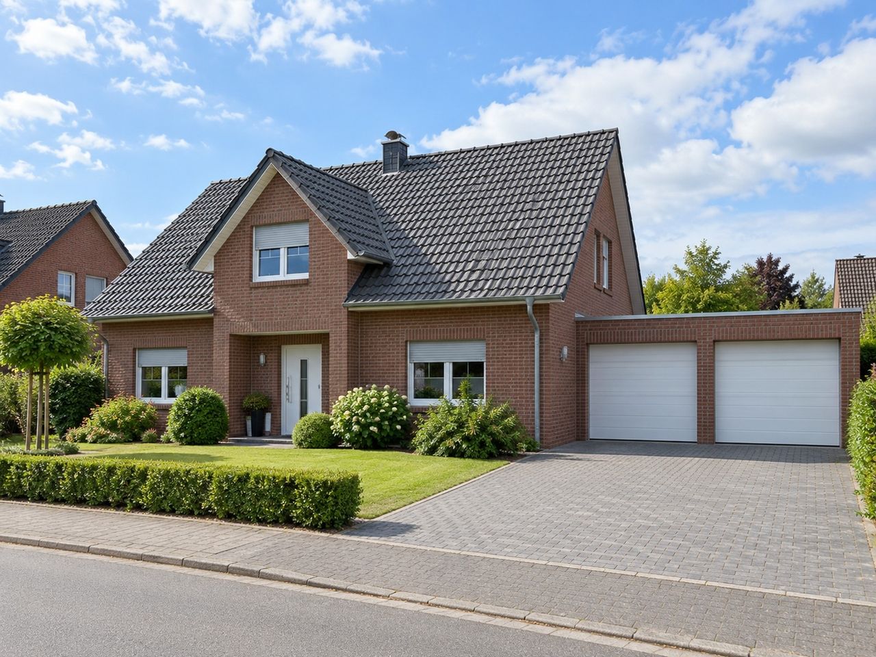 Außenansicht von der Straße mit Doppelgarage und Vorgarten (KI-Visualisierung)