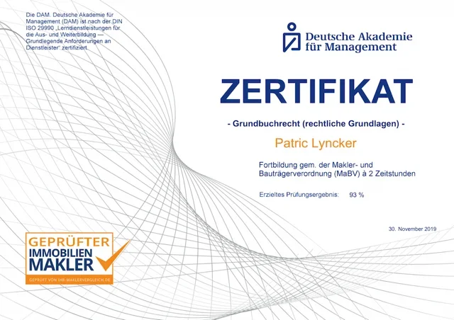 Zertifikat Grundbuchrecht (rechtliche Grundlagen) – Patric Lyncker, Deutsche Akademie für Management