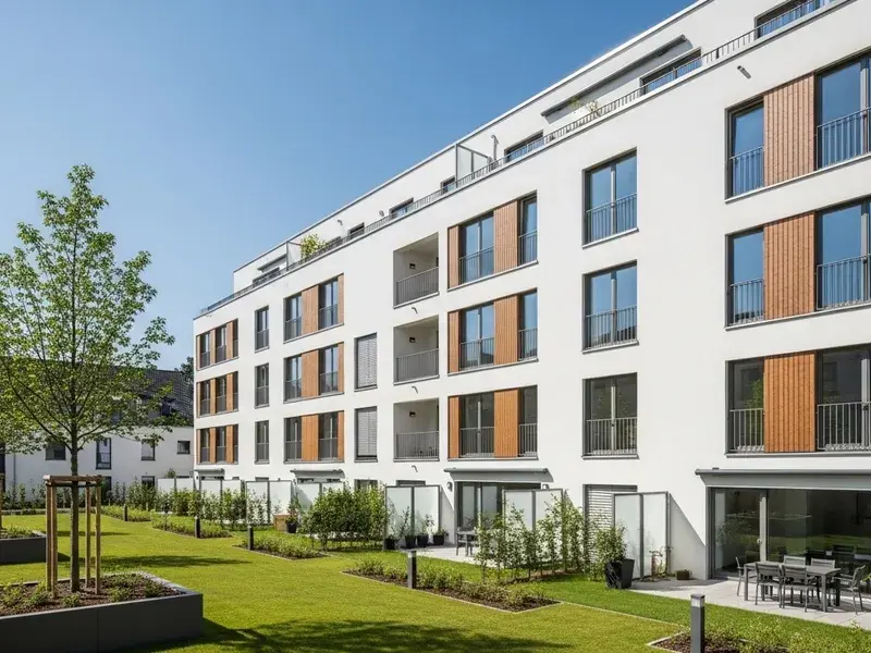Neubau mit Gartenterrassen (KI-Visualisierung)