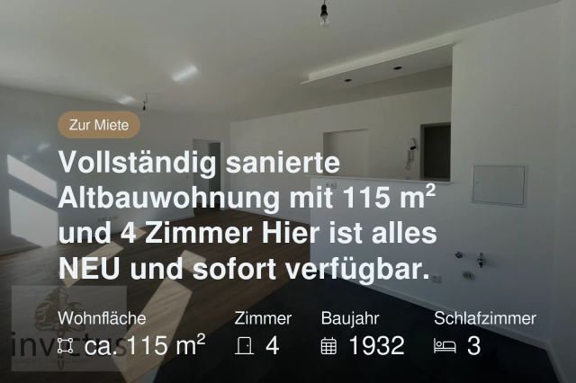 Nicht mehr verfügbar: Vollständig sanierte Altbauwohnung mit 115 m² und 4 Zimmer
Hier ist alles NEU und sofort verfügbar.
