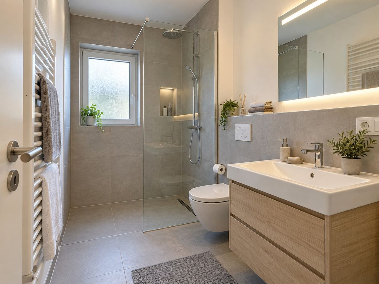 Modernes Duschbad mit bodengleicher Dusche (KI-Visualisierung)
