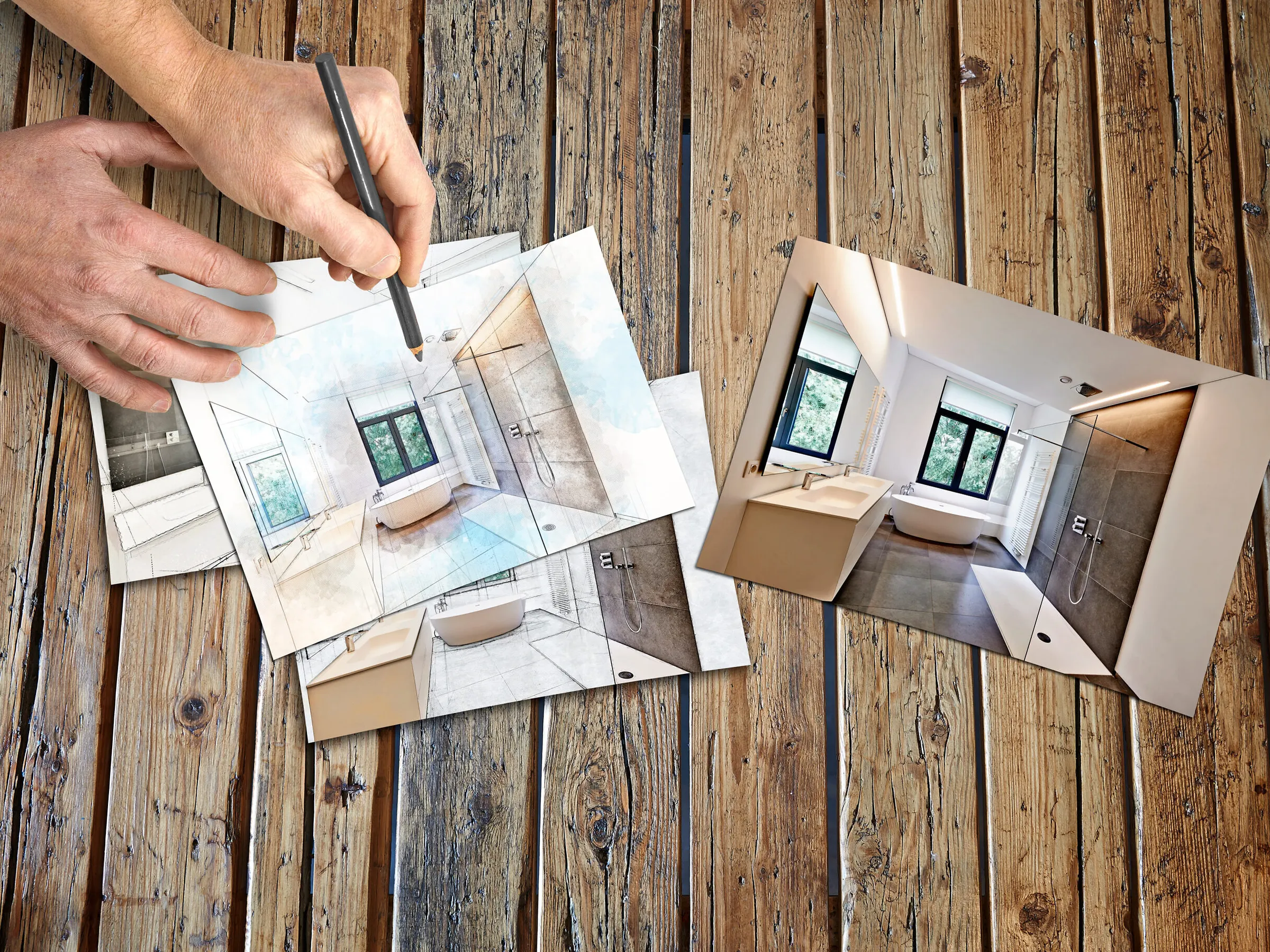 dreaming sketch of a Bathtub in corian, Faucet and shower in tiled bathroom