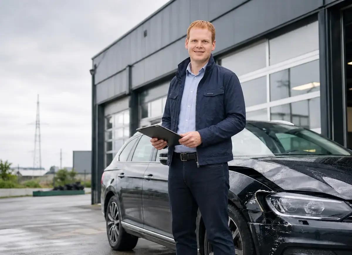 Kfz-Gutachter Johannes Paeßens vor beschädigtem Auto vor einer Werkstatt am Niederrhein