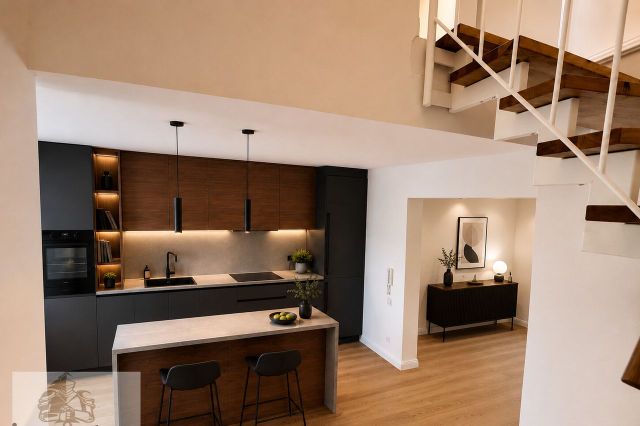 KI-Modernes Zuhause mit Küche und Treppe