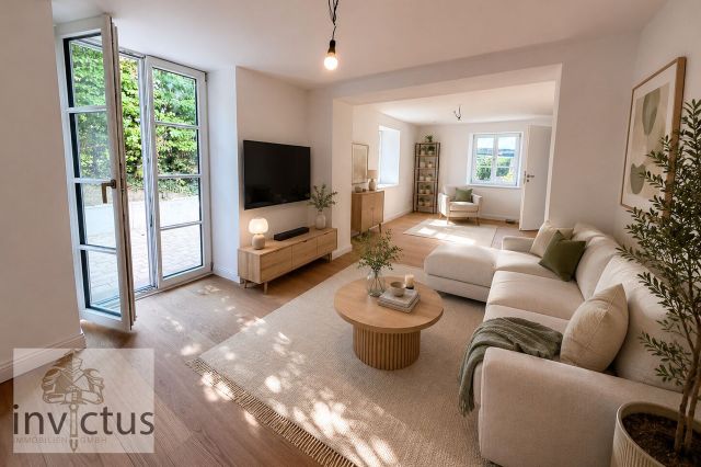 KI-Helles modernes Wohnzimmer mit Gartenblick