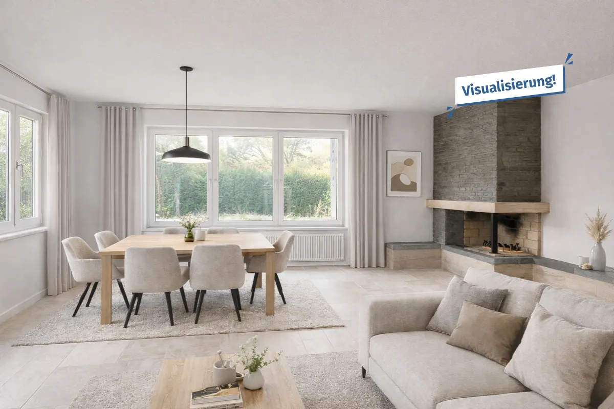 Wohnzimmer mit Kamin visualisiert