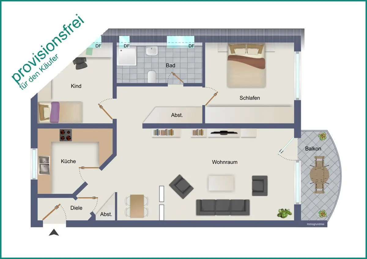 Großes Wohn-Esszimmer mit Balkonzugang (Digital-Staging, so könnte es aussehen)