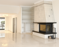 Wohnzimmer mit Kamin KI bearbeitet