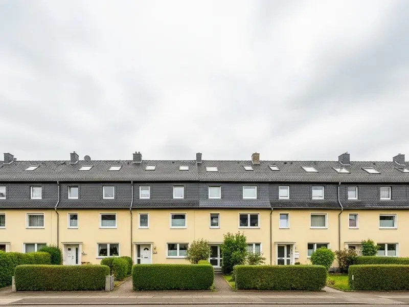 Reihenhauszeile mit Vorgärten (KI-Visualisierung)