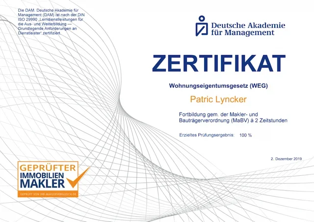 Zertifikat Wohnungseigentumsgesetz (WEG) – Patric Lyncker, Deutsche Akademie für Management