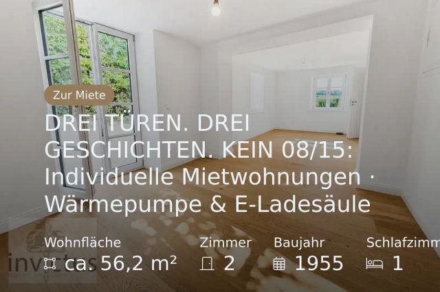 Neu im Angebot: DREI TÜREN. DREI GESCHICHTEN. KEIN 08/15: Individuelle Mietwohnungen · Wärmepumpe & E-Ladesäule