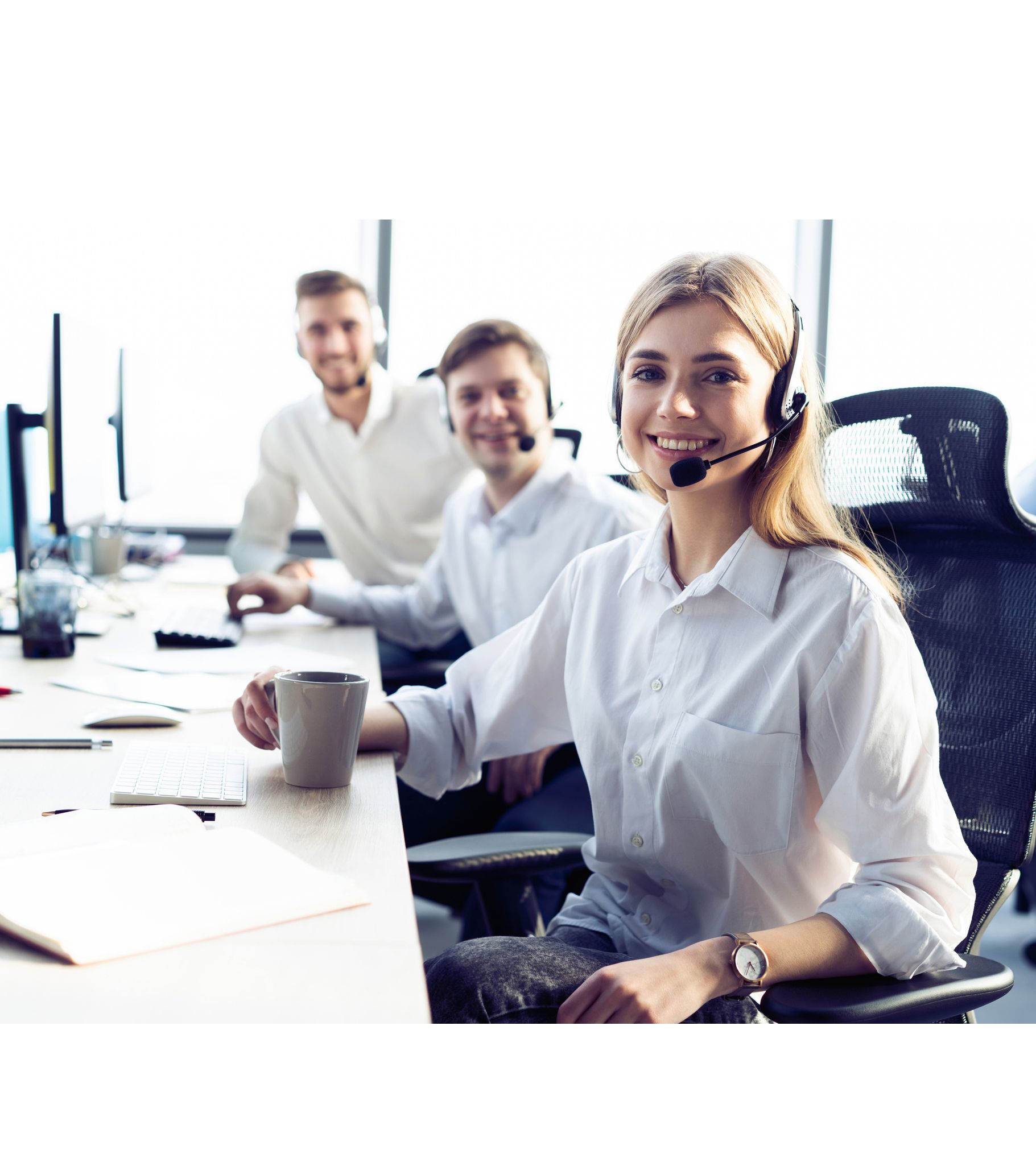 Female customer support operator with headset and smiling