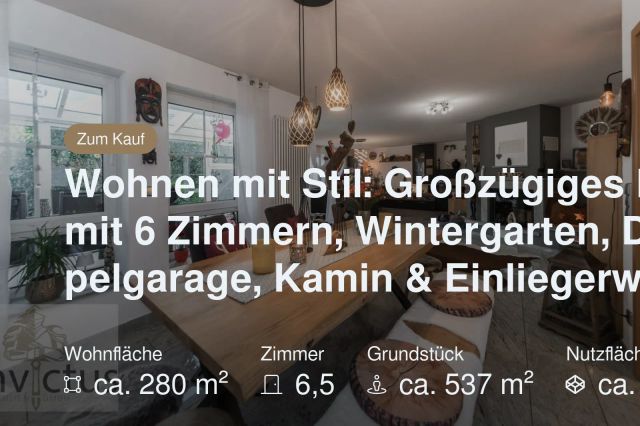 Neu im Angebot: Wohnen mit Stil: Großzügiges Haus mit 6 Zimmern, Wintergarten, Doppelgarage, Kamin & Einliegerwhg!