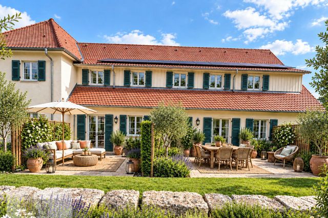 Sonnige Landhaus-Terrasse mit Garten