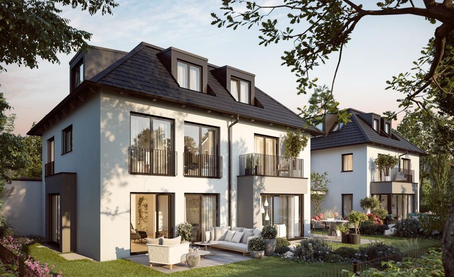 Wohnen im Grünen. Zwei Doppelhaushälften und ein Einfamilienhaus.