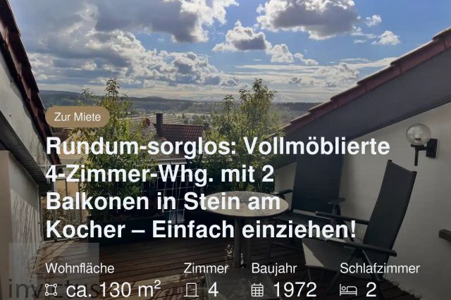 Nicht mehr verfügbar: Rundum-sorglos: Vollmöblierte 4-Zimmer-Whg. mit 2 Balkonen in Stein am Kocher – Einfach einziehen!