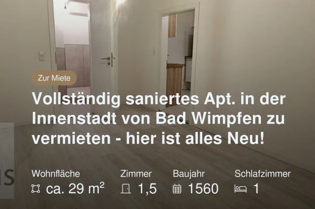 Nicht mehr verfügbar: Vollständig saniertes Apt. in der Innenstadt von Bad Wimpfen zu vermieten – hier ist alles Neu!