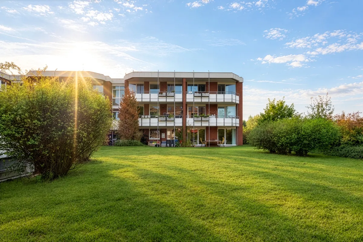 Blick über die großzügige Grünanlage zur Wohnung