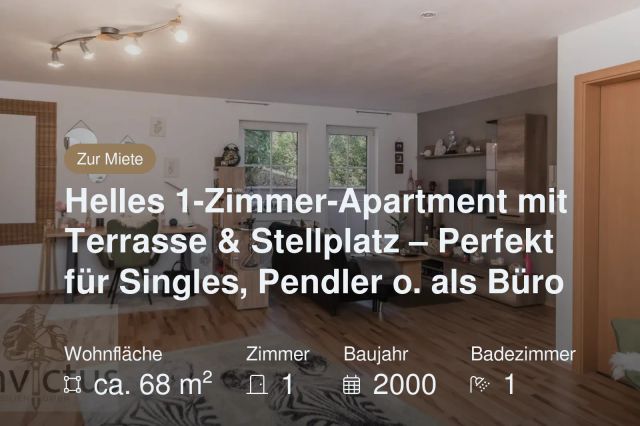 Nicht mehr verfügbar: Helles 1-Zimmer-Apartment mit Terrasse & Stellplatz – Perfekt für Singles, Pendler o. als Büro