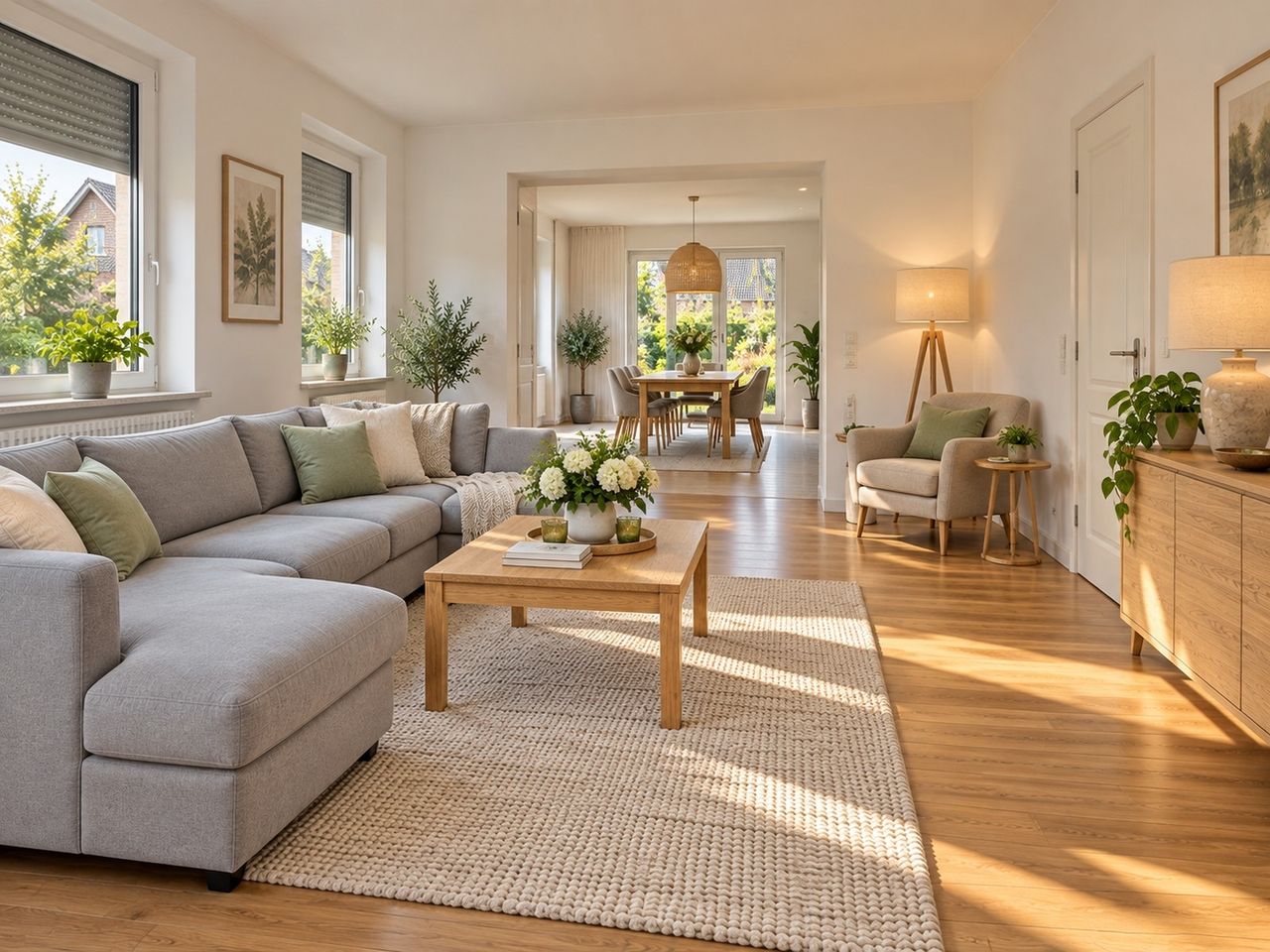 Wohnzimmer mit Blick zum Essbereich (KI-Visualisierung)