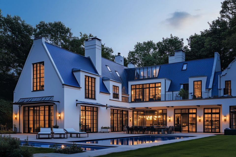 Eine moderne klassizistisch angelehnte Villa bei Nacht mit einer eleganten weissen Fassade