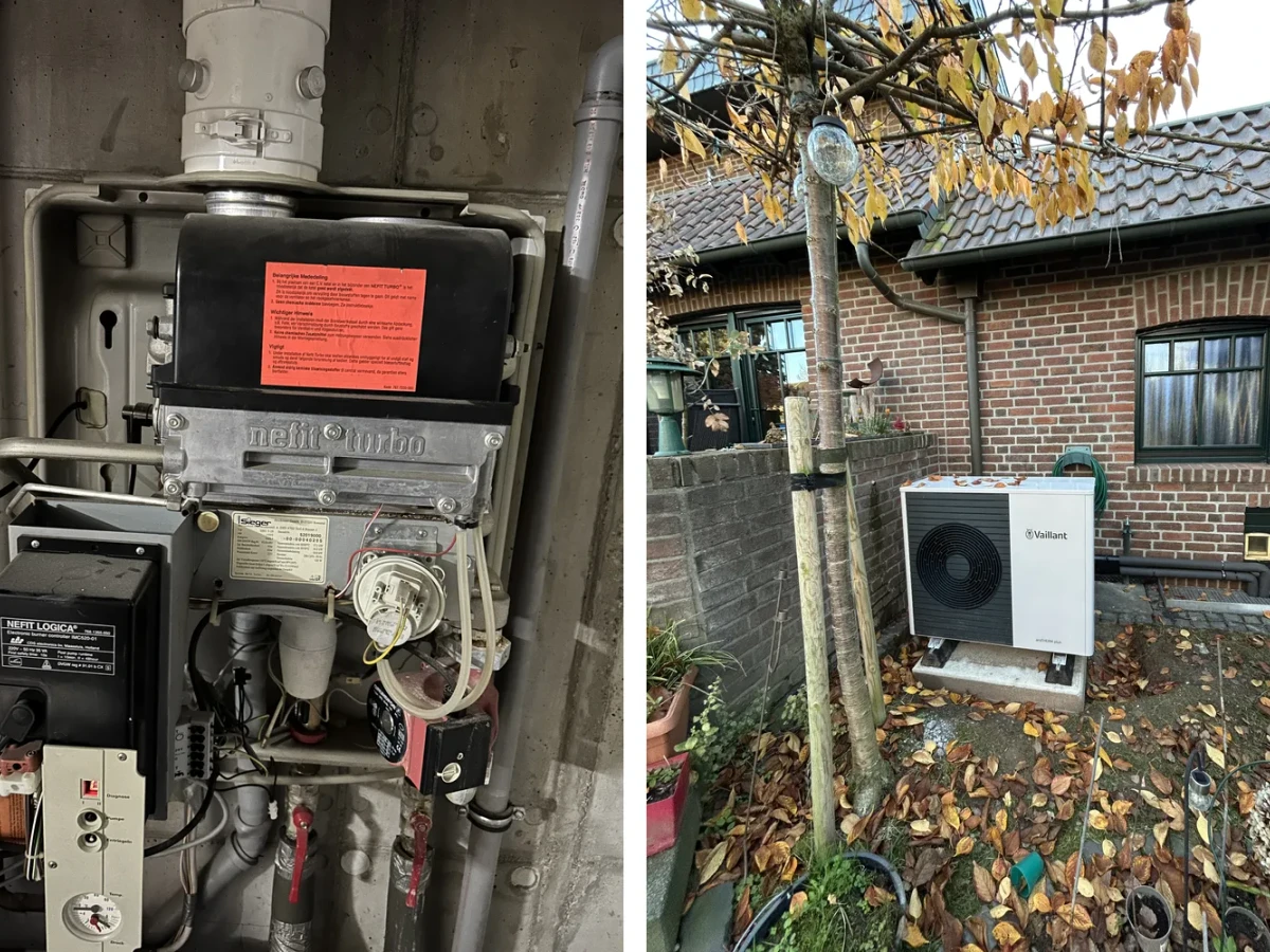 Heizung vorher und nachher: alte Gastherme und neue Wärmepumpe
