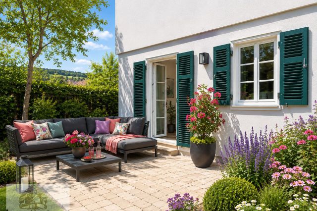 Sonnige Gartenterrasse mit grünen Fensterläden_KI