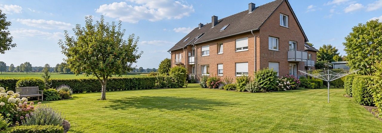 Gemeinschaftsgarten hinter dem Haus als Panorama (KI-Visualisierung)